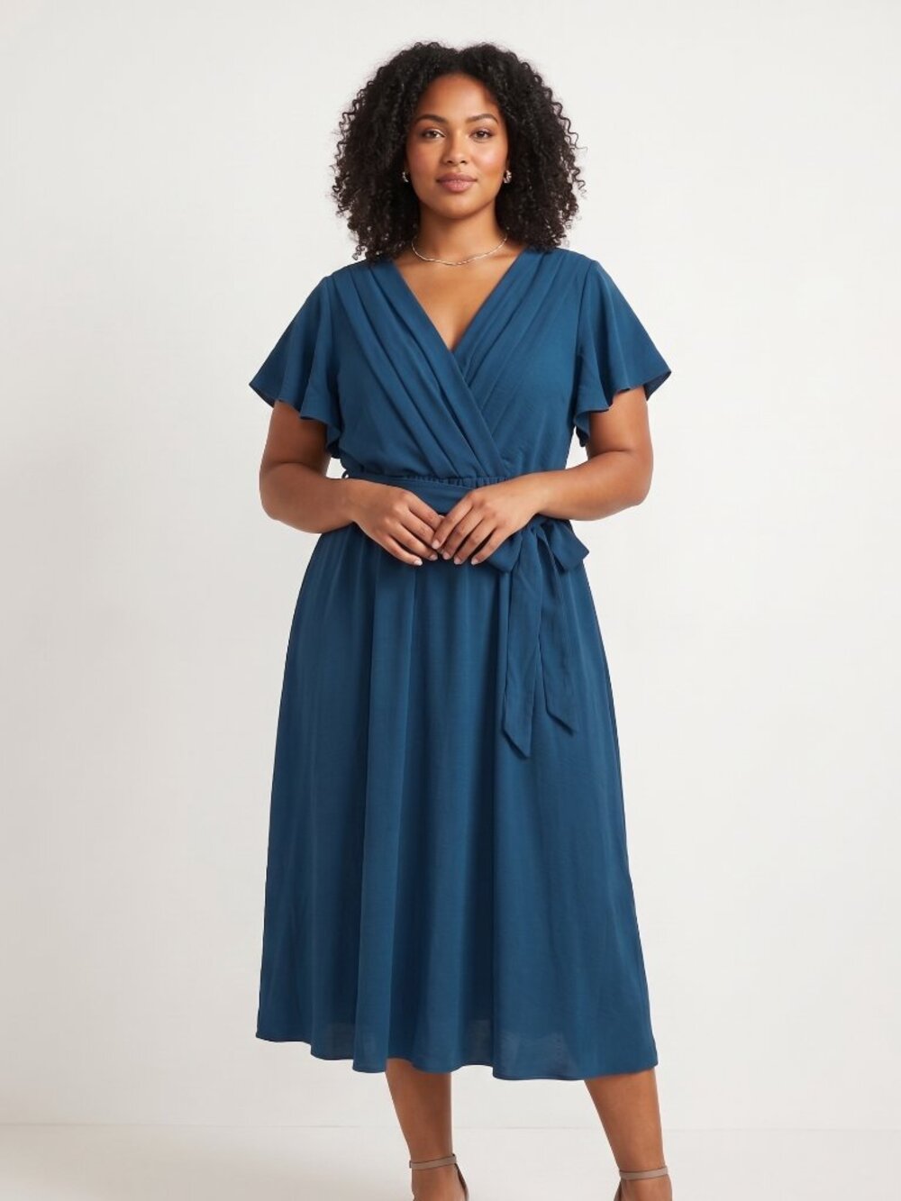 NWOT | SHESTARR Slate Blue Faux Wrap Flutter Sleeve Maxi Dress with Belt 1XL